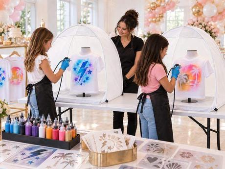 Guests airbrushing their own t-shirts at a Golden Palm wearable art bar