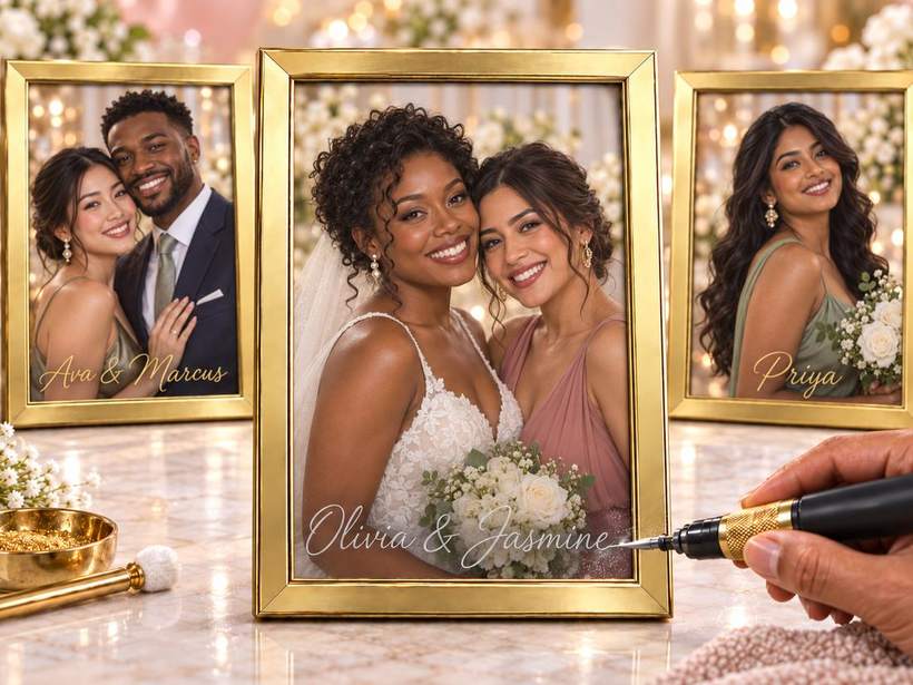 Etched and gilded name frames at a Golden Palm engraving bar