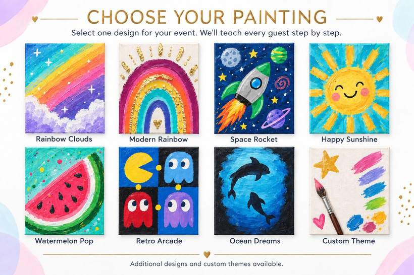 The eight Golden Palm canvas designs: rainbow clouds, modern rainbow, space rocket, happy sunshine, watermelon pop, retro arcade, ocean dreams and a custom theme