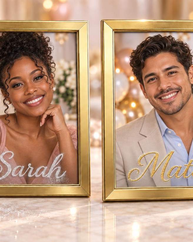 A name etched into glass, one in silver and one filled with gold