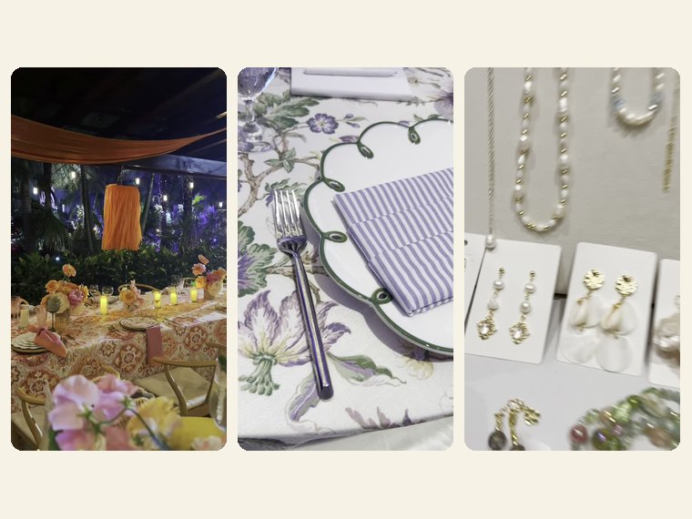 Three frames from Golden Palm event reels: a lit tablescape, a place setting and a jewellery display