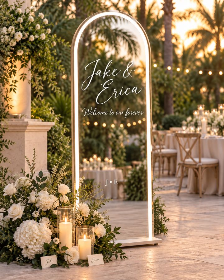 A personalised LED arch mirror used as a wedding welcome sign at dusk, dressed with white roses and candles