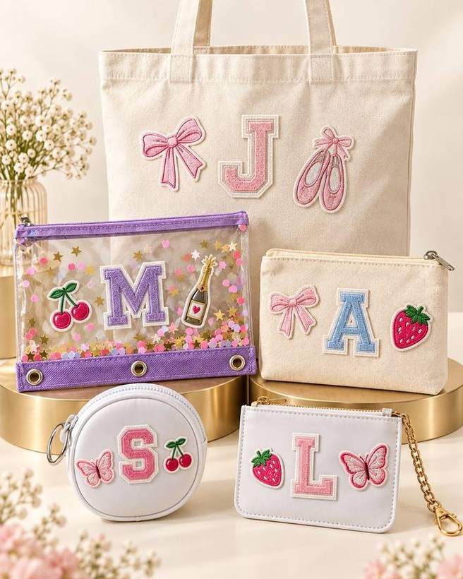 Chenille letter patches on a canvas tote, pouches and a coin purse, made at a Golden Palm patch bar