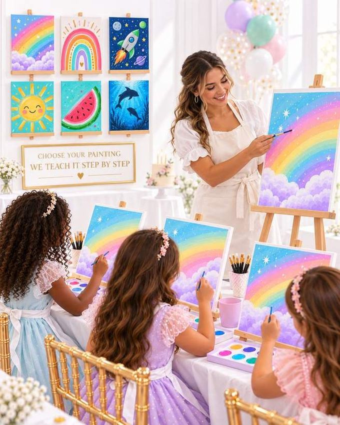 Children painting rainbow canvases at a Golden Palm canvas bar