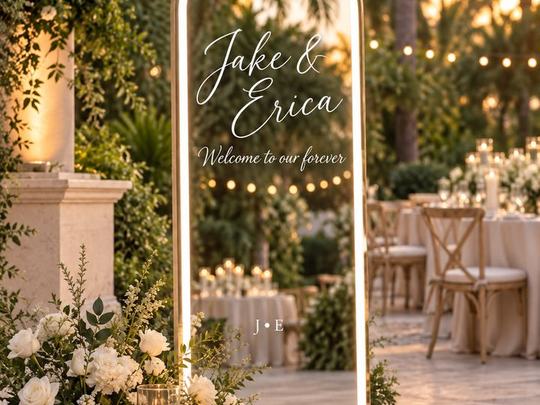 A personalised LED arch mirror used as a wedding welcome sign at dusk