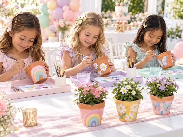Guests painting terracotta pots at a Golden Palm flower pot bar