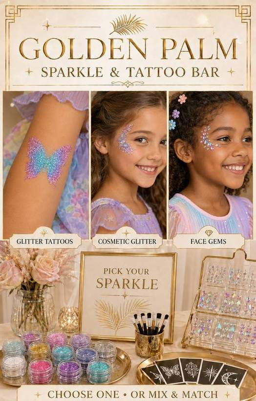 The Golden Palm Sparkle and Tattoo Bar: glitter tattoos, cosmetic glitter and face gems