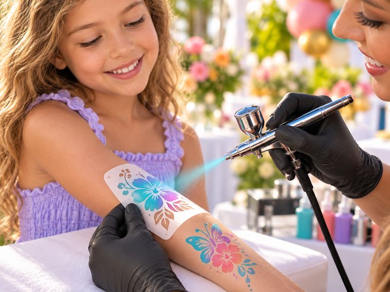 An artist airbrushing a hibiscus design onto a child's arm through a stencil