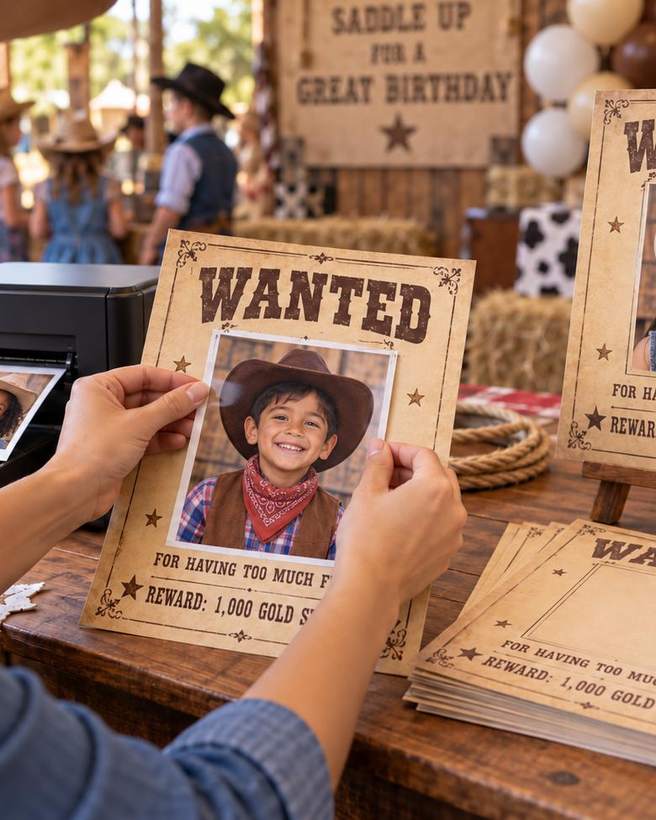 Personalised wanted posters printed and mounted at a western themed party
