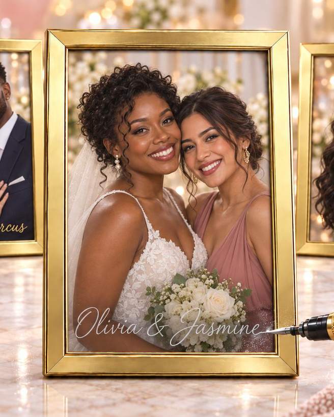 Etched and gilded name frames lined up at a Golden Palm engraving bar