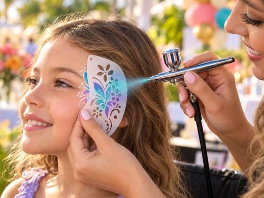 Airbrush face painting, a butterfly through a stencil