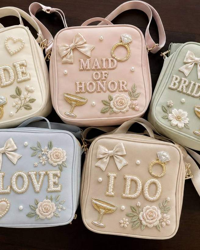 Bridal bags patched by guests at a Golden Palm patch bar
