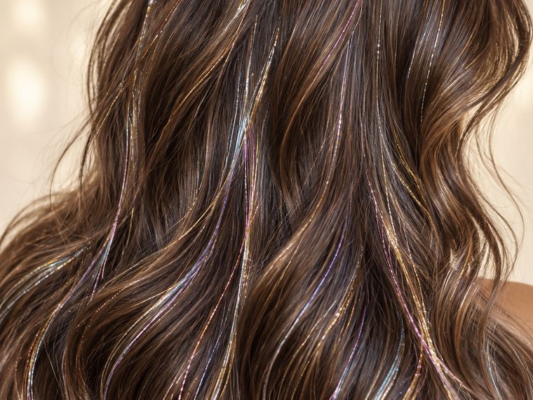 Gold and iridescent hair tinsel strands tied into long waved hair