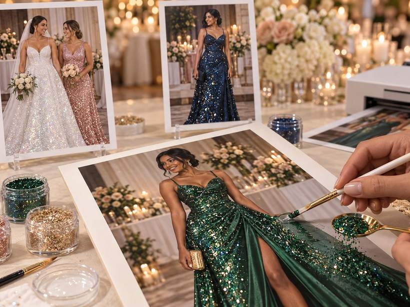 A live artist glittering a printed photograph by hand